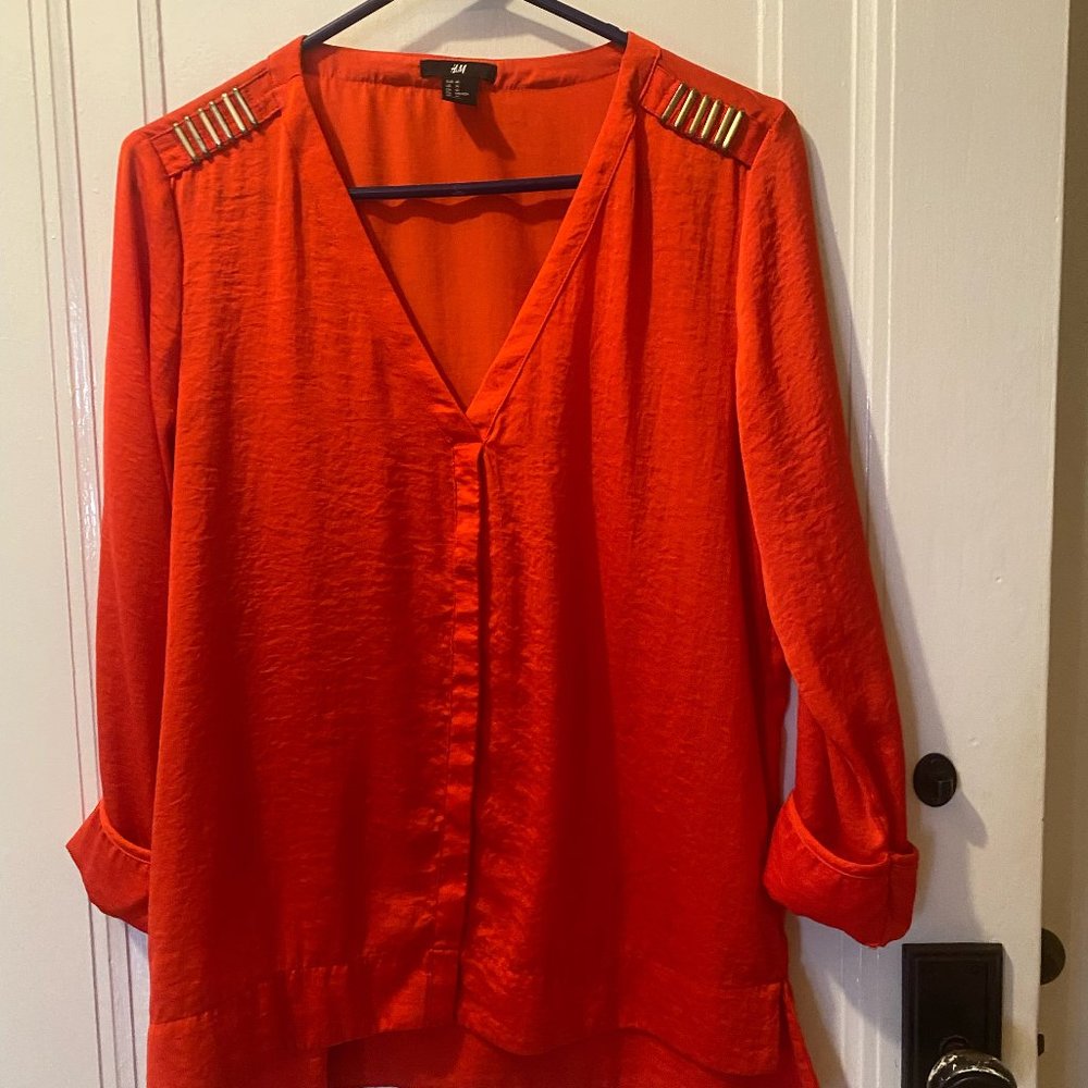 Red 3/4 Sleeve, Rolled Sleeves, V-neck Blouse with Gold pieces on shoulder
